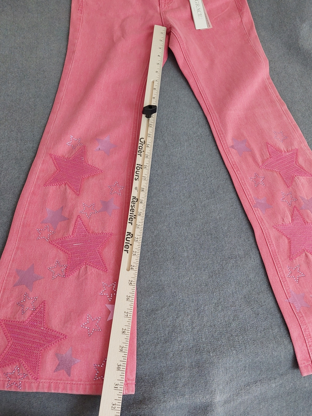Grace in LA Pink Star Sequin Flare Jeans Women Size 25 High Waist Embellished - Picture 3 of 11